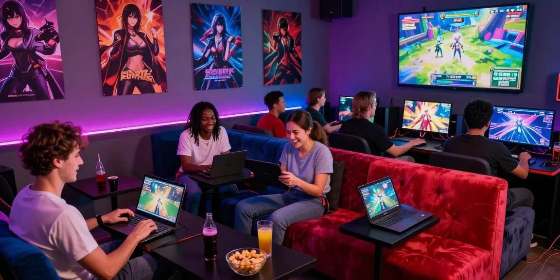 Adults enjoying various hentai games in a vibrant gaming lounge, showcasing community and excitement.