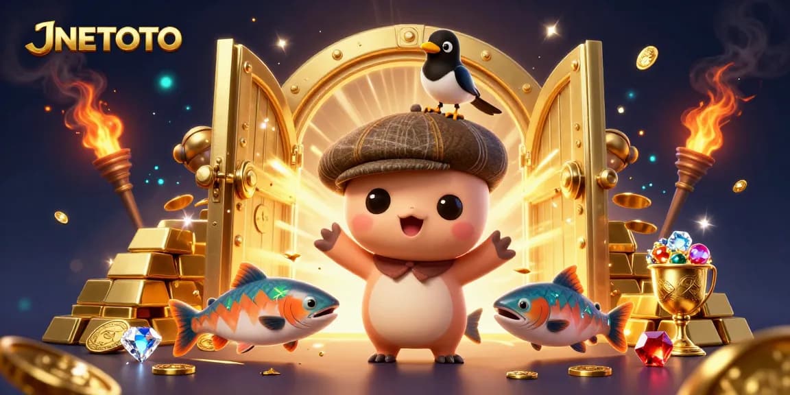 Mengungkap JNETOTO, monster Loch Ness yang lucu dan teman burung magpie, dikelilingi oleh kekayaan emas dan harta karun.