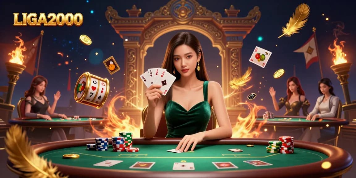 LIGA2000 menampilkan seorang wanita Asia yang menang di meja poker dengan gulungan slot, dekorasi mewah, dan elemen permainan yang dinamis.