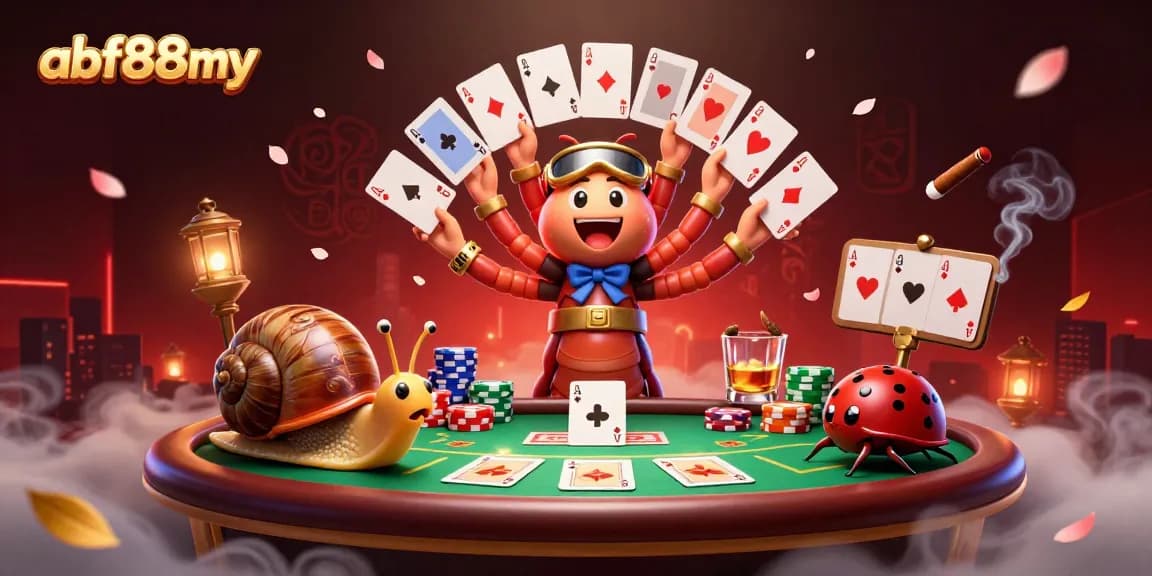 Experience thrilling poker action with afb88my's lively illustration featuring unique characters and vibrant casino elements.