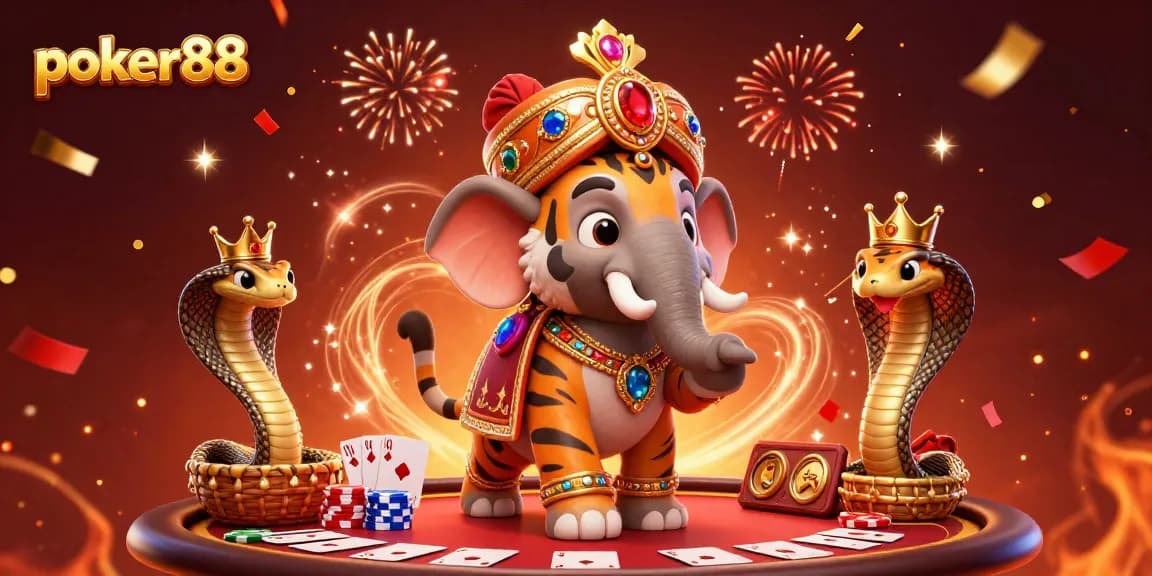 Poker88, bermain poker dengan karakter harimau maharaja dan gajah dalam ilustrasi kasino yang berwarna-warni.