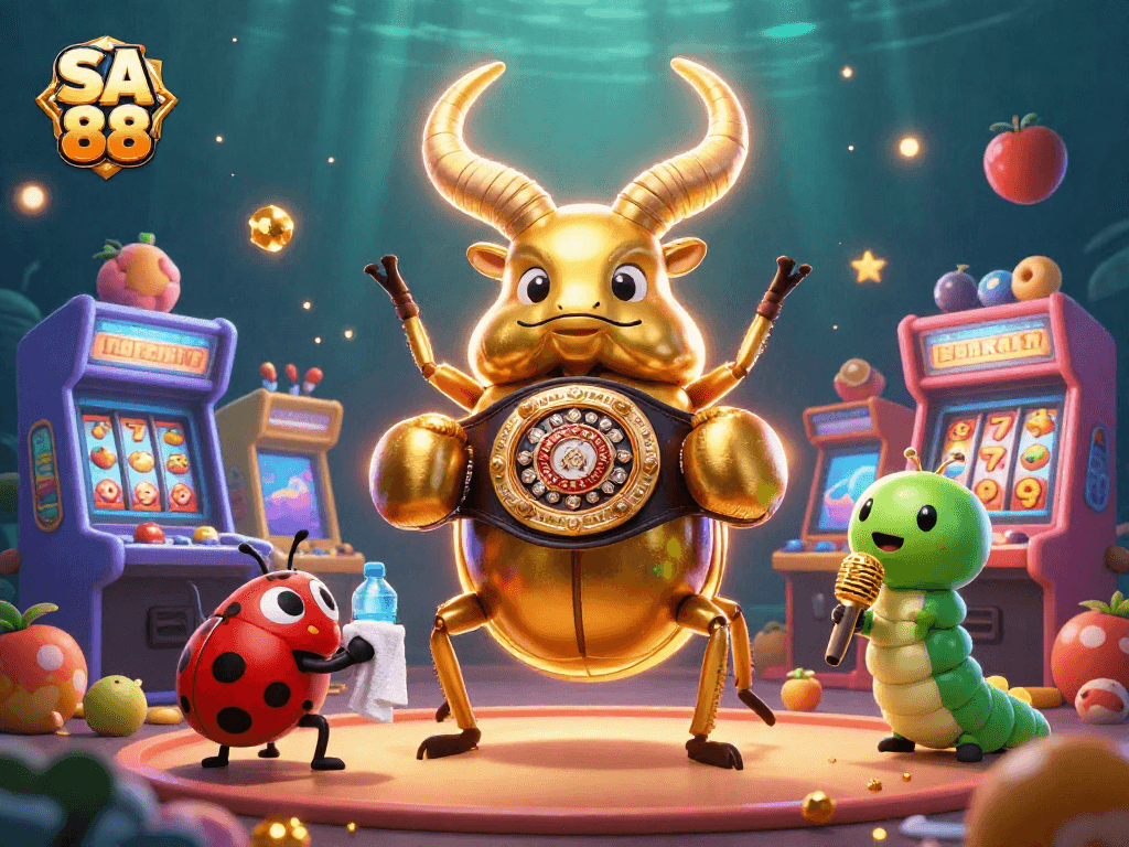 Engage with SA 88's vibrant 3D casino world featuring giant characters, slot machines, and glowing elements.