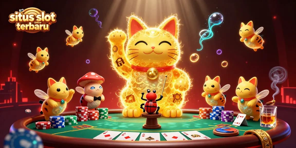 Situs slot online terbaru showcases an exciting casino scene with vibrant golden fireflies and playful gaming elements.