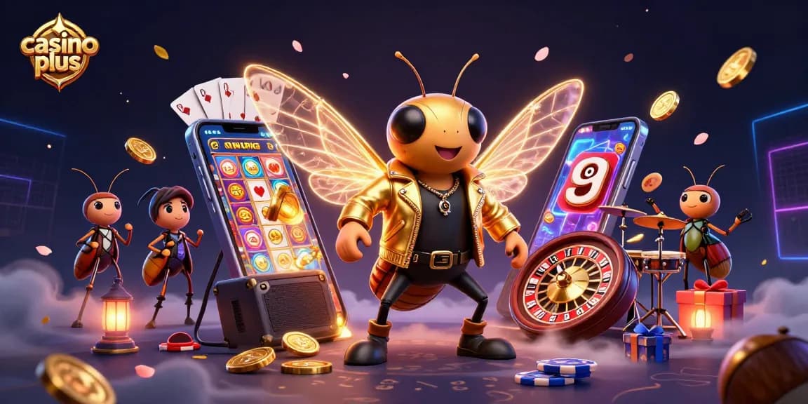 Engage with casino plus, featuring a lively 3D rock star cicada and dynamic gaming elements.