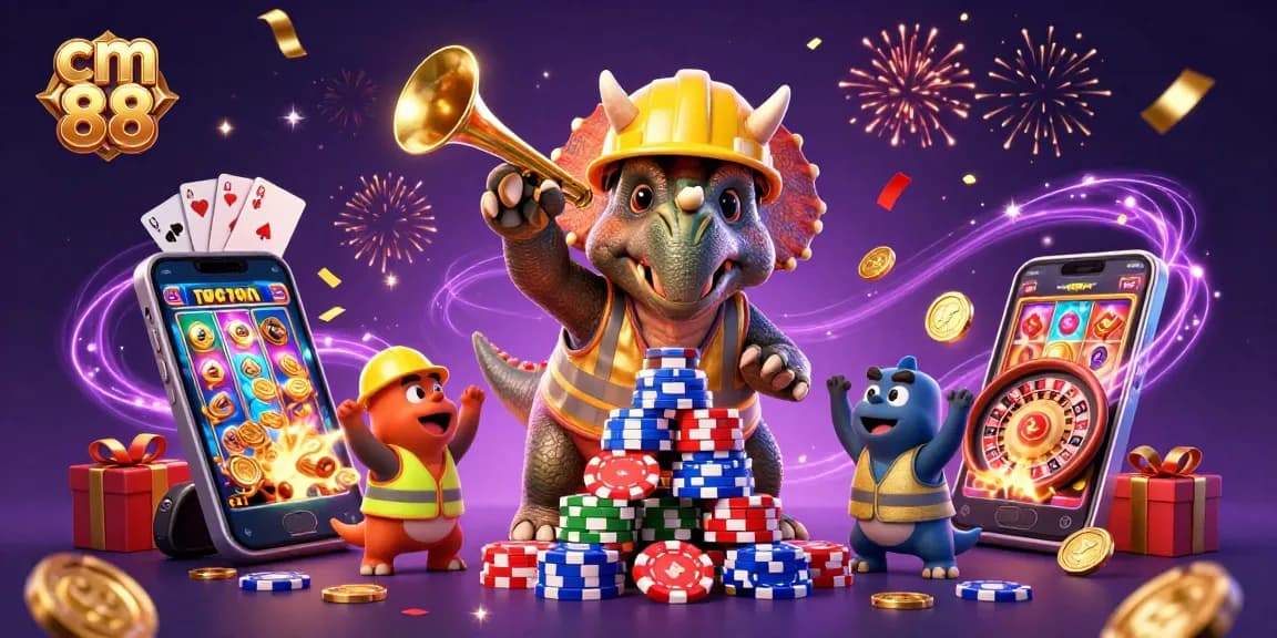 Join cm 88's thrilling gaming scene with a vibrant illustration of online casino celebrations.