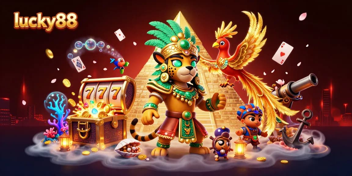 Experience thrilling gameplay with lucky88's vibrant casino illustration featuring Mayan symbols and treasures.