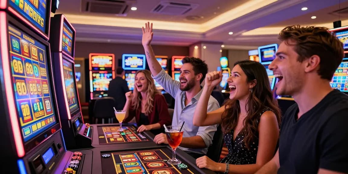 Menang slot jackpot di mesin slot dengan teman-teman di kasino yang ramai.