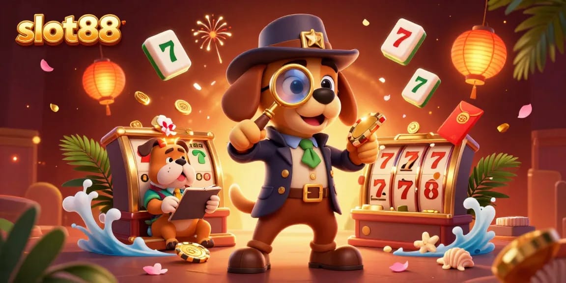 Experience the excitement of slot88 through cartoon characters and vibrant game elements illustrating luck and winnings in this casino-themed artwork.