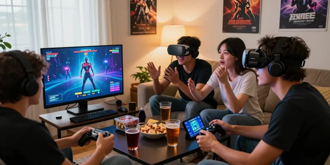 Friends enjoying mind control porn game in a lively gaming setup.