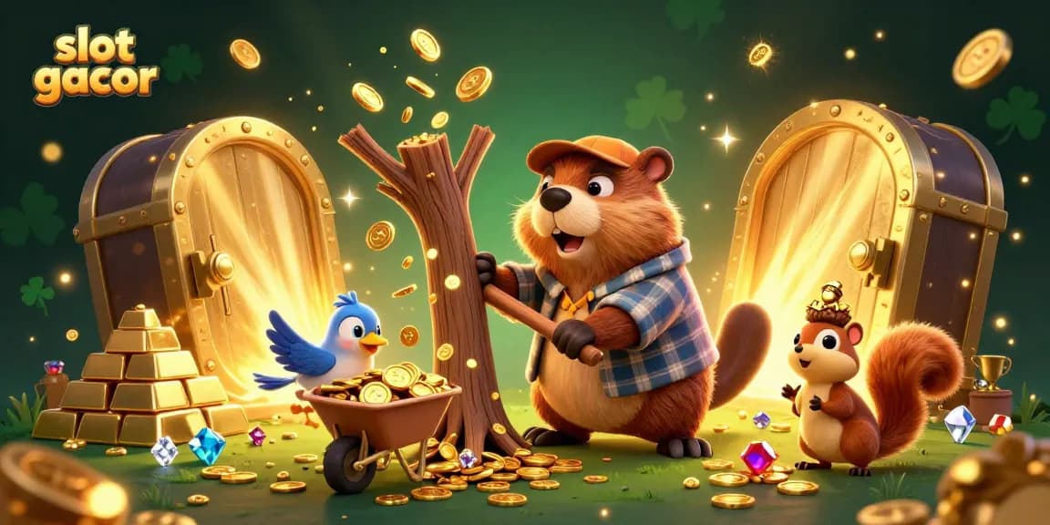 Menangkan slot gacor dengan ilustrasi beaver pemotong pohon yang menghujani koin emas dalam suasana kasino yang meriah.