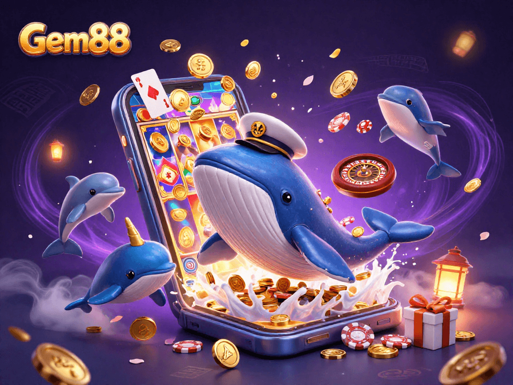 Experience Gem88's excitement with a whale and friends in a dynamic casino scene.