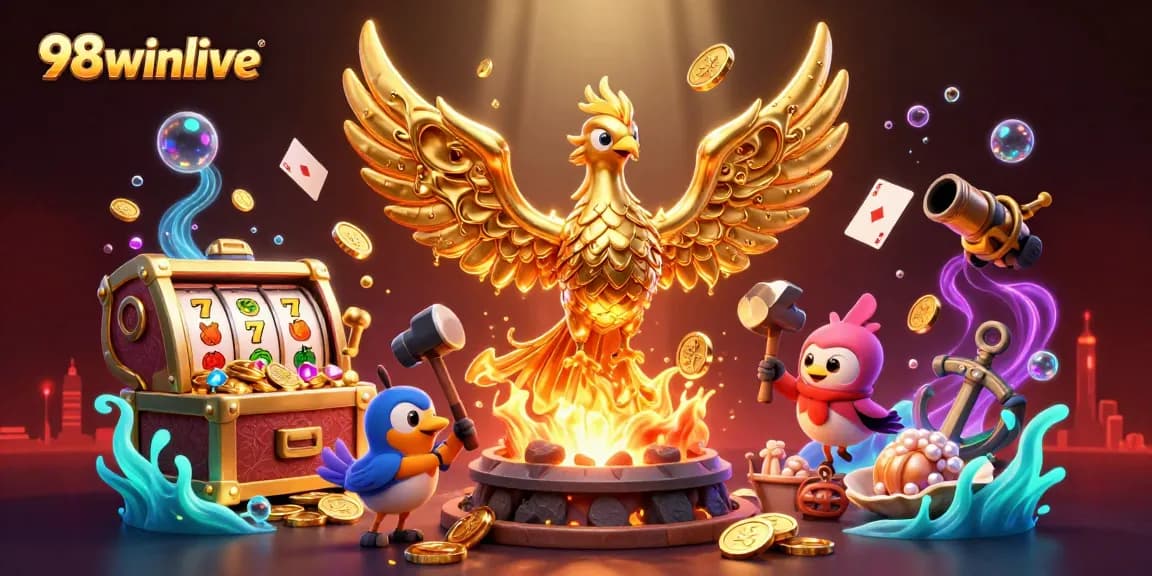 Win big with 98winlive in this vibrant 3D gaming scene showcasing epic slots and casino elements.
