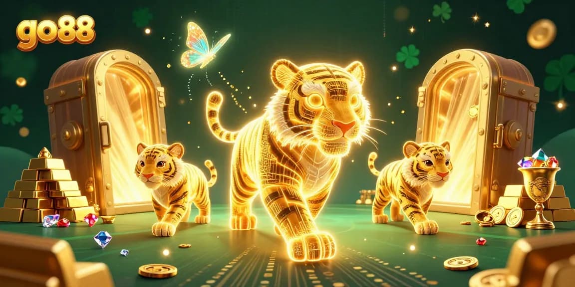 Engage in intense gaming excitement with go 88 as rich treasures and neon elements illuminate the casino.