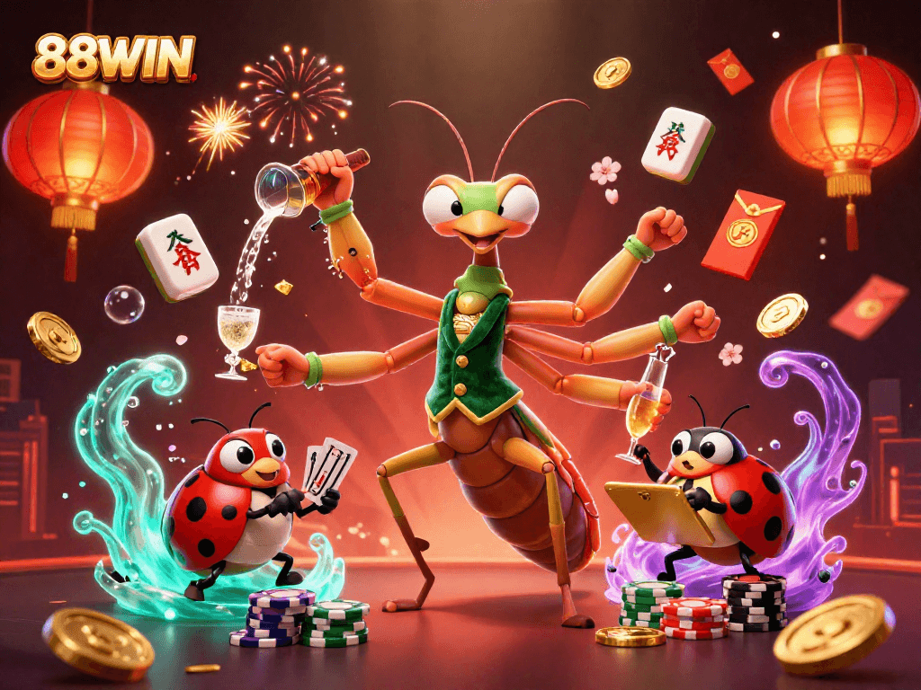 Engage with 88WIN's vibrant casino adventure featuring a lively mantis dealer and gorgeous decorative elements.