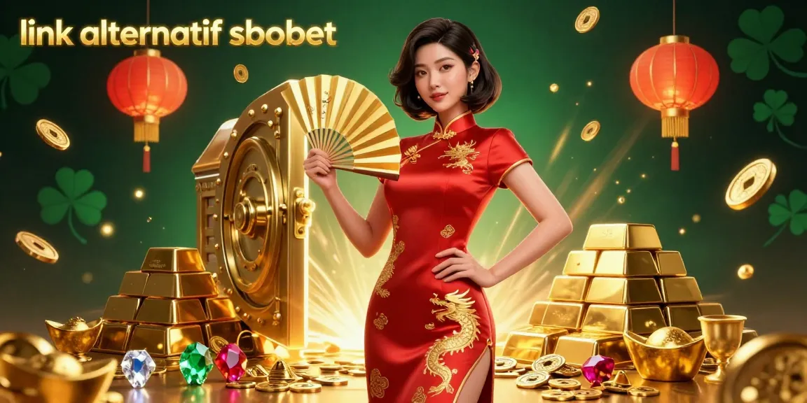 Experience thrilling gameplay with link alternatif sbobet, featuring an elegant Asian woman celebrating winning riches in a vibrant casino atmosphere.