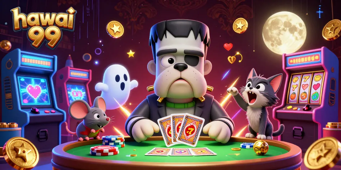 Engage with hawai 99 at a vibrant casino scene featuring a Frankenstein bulldog dealing cards.