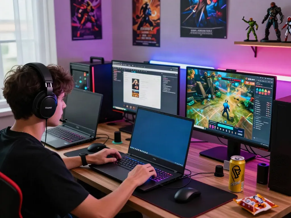Akujnp gaming enthusiast engaged in intense play within a vibrant home gaming setup.