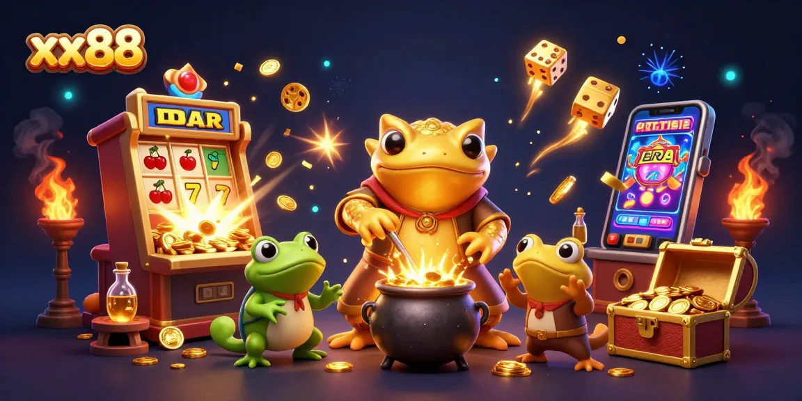 Experience winning gameplay with xx88 in this vibrant 3D casino illustration featuring slot machines and golden treasures.