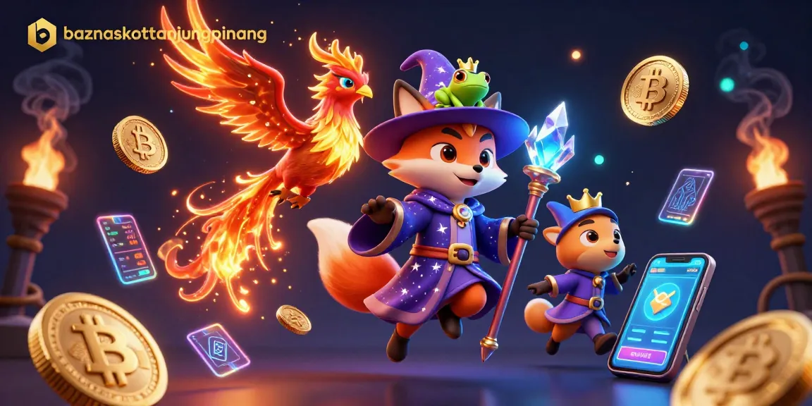 Engage with the vibrant baznaskotatanjungpinang scene illustrating a mystical wizard fox, phoenix, and crypto elements.