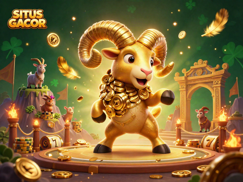 SITUS GACOR showcases a massive golden ram charging, symbolizing winning strategies in online slot games.