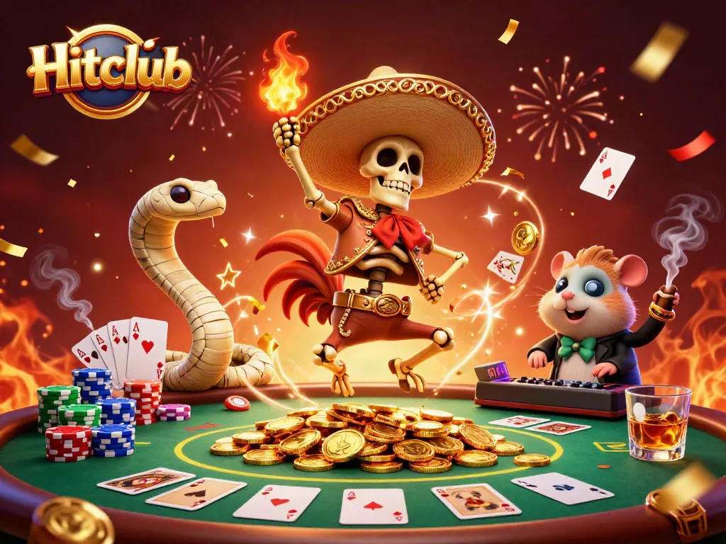 Hitclub's vibrant scene showcases a skeleton mariachi rooster celebrating amidst poker elements and dynamic confetti.