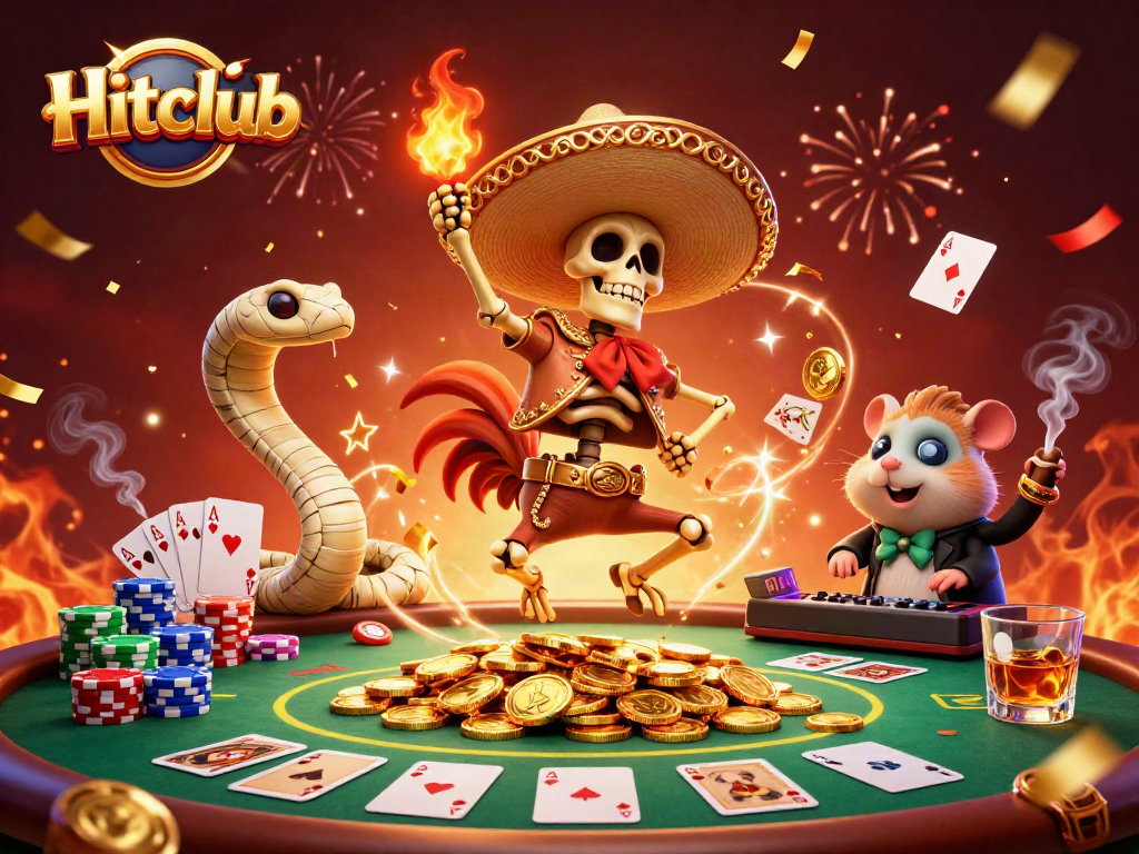 Hitclub's vibrant scene showcases a skeleton mariachi rooster celebrating amidst poker elements and dynamic confetti.