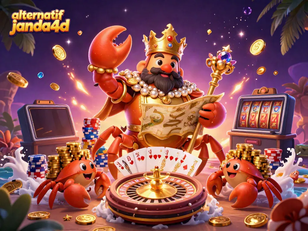 Ilustrasi fantastis tentang alternatif janda4d dengan kepiting emas raksasa memainkan dadu di kasino