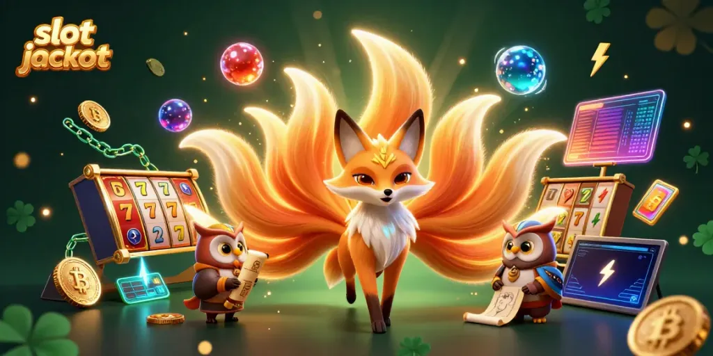 Pemutar slot jackpot menari di antara koin Bitcoin dan Ethereum yang bersinar dengan efek neon, menciptakan suasana magis dalam kasino virtual.