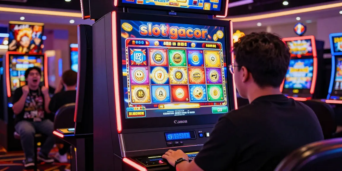 Player enjoying a thrilling slot gacor experience at a vibrant casino setup, surrounded by colorful gaming aesthetics.