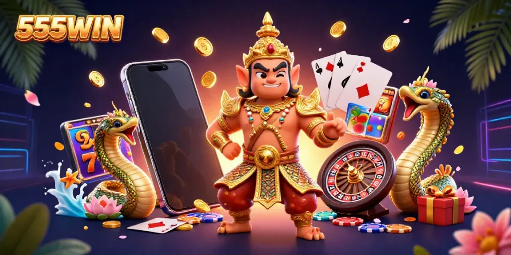 Engage with 555WIN as the cartoon guardian brings life to thrilling slot game excitement.