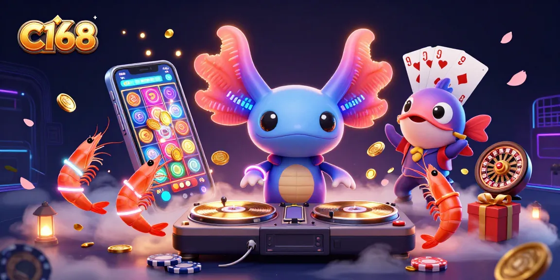 A 3D rendering of C168's vibrant casino atmosphere with a DJ axolotl, shrimp dancers, and exciting slot game elements.