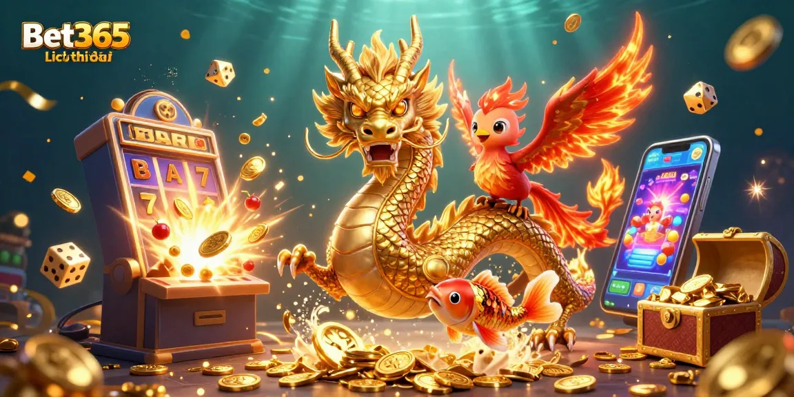 Engage with Bet365Lịchthiđấu through an exciting illustration featuring dragons and jackpot elements.