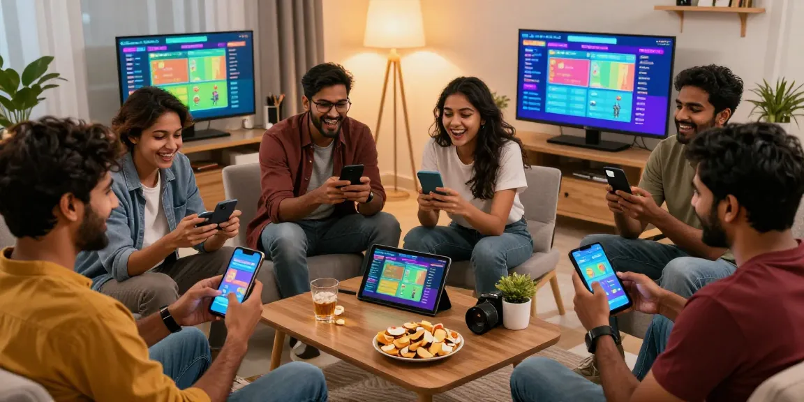 Tiranga Games active players enjoying colour prediction games on mobile devices in a lively living room setup.