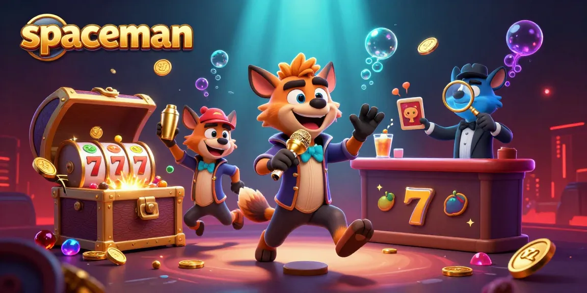 Engaging spaceman-themed casino illustration showing hyenas in a colorful game club, filled with slot elements.