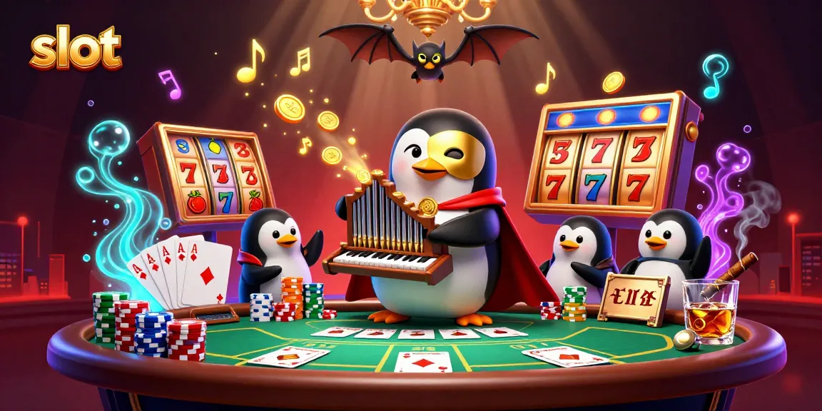 Slot gacor malam ini dengan penguin fantasi bermain organ yang memuntahkan koin emas.