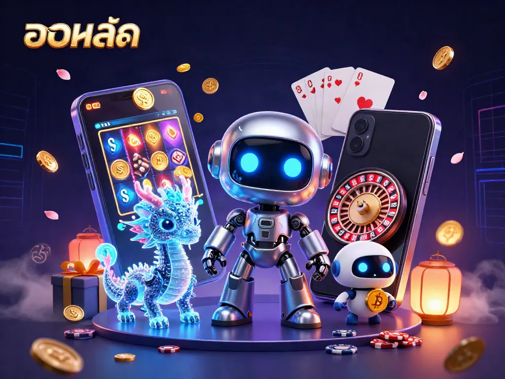 Experience live sports betting excitement with the digital robot mascot and vibrant game elements in ultra-detailed illustration, showcasing บอลสด.