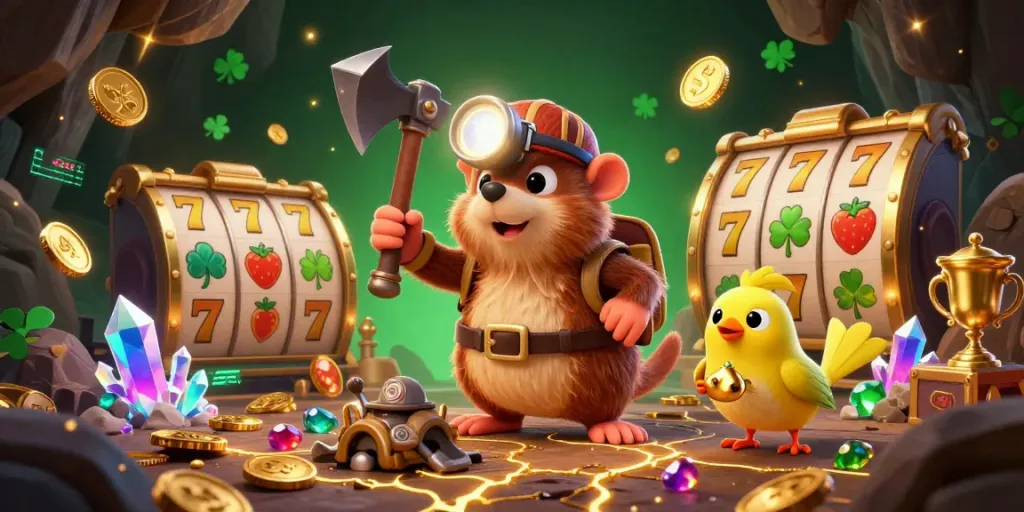 Engage in QQ SLOT action with a colorful treasure hunter scene full of gems and slot elements.