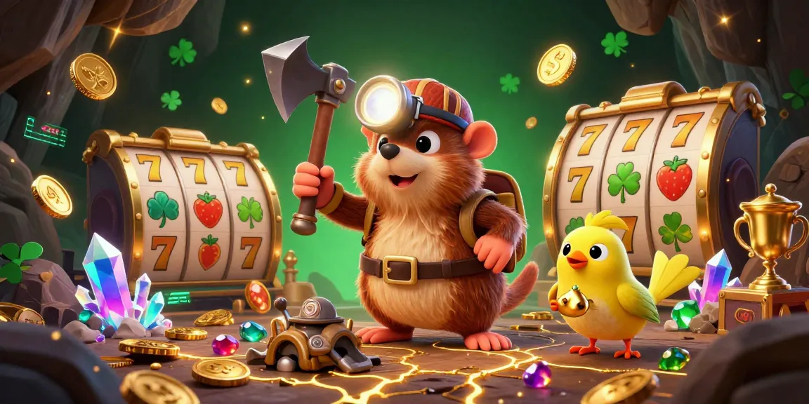 Engage in QQ SLOT action with a colorful treasure hunter scene full of gems and slot elements.