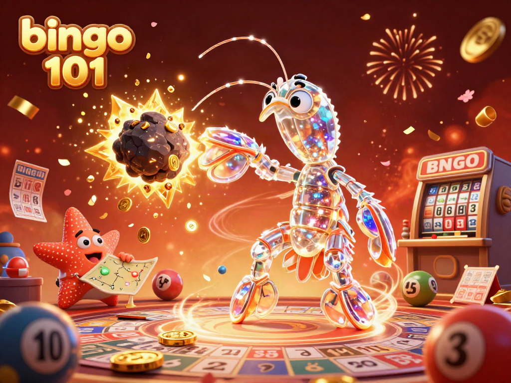 Bingo 101 themed vibrant 3D illustration showcasing a galactic samurai mantis shrimp, bursting asteroids with gems and bingo elements.