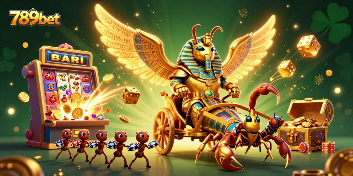 Engage with 789bet in a vibrant casino scene featuring a golden scarab and jackpot excitement.