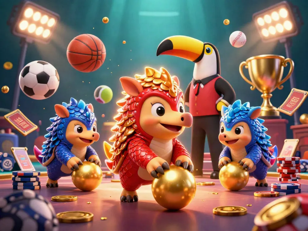 Engaging 3D scene showcasing situs togel with pangolins and poker chips amidst dynamic sports elements.