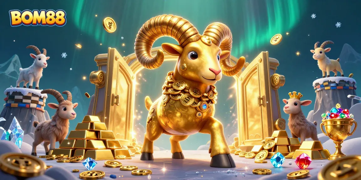 Experience exciting slots and jackpots with BOM88, featuring vibrant 3D gold ram and treasures.