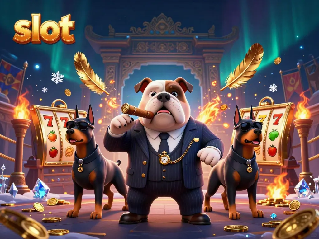 Experience thrilling slot action with a mafia boss bulldog and Doberman bodyguards in a dynamic casino scene.