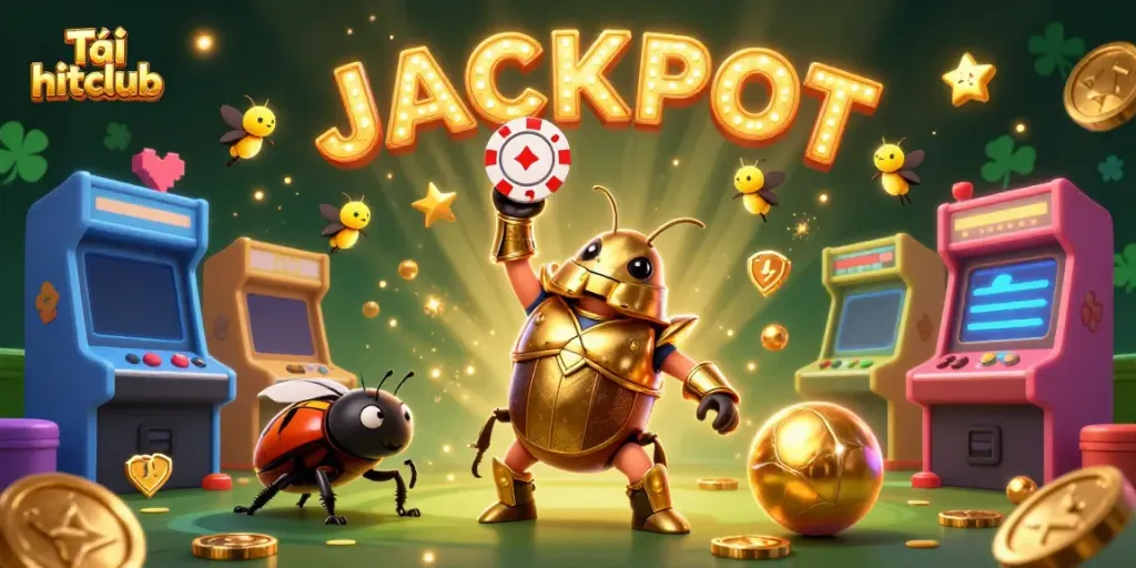 Tải hitclub showcasing a victory moment in the casino, featuring a beetle hero and vibrant game elements.
