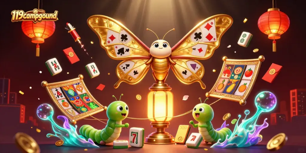 Experience the excitement of 119campground with vibrant casino-themed illustrations including gambling elements.
