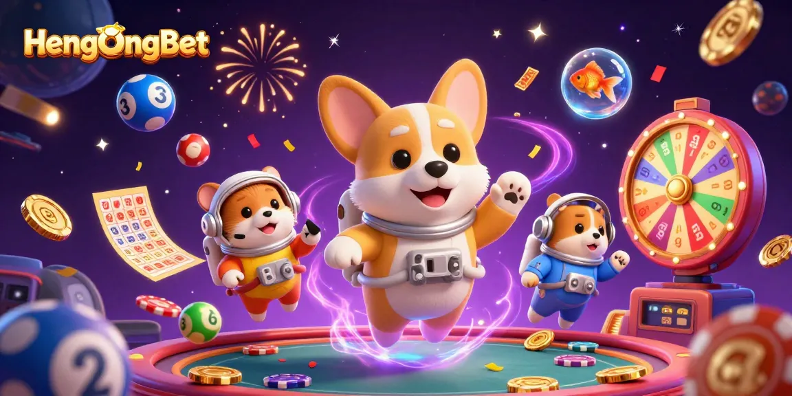 Engage in thrilling gaming experiences at HengOngBet with floating lottery balls and vibrant casino elements.