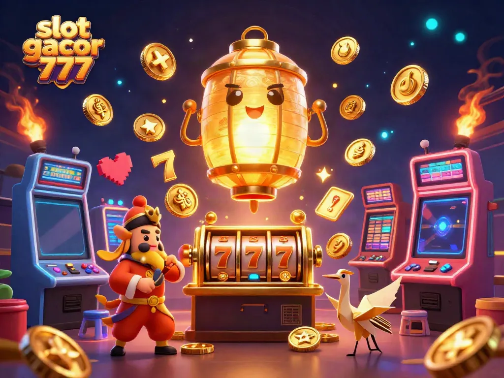 Slot gacor 777 menampilkan karakter keberuntungan dan simbol dalam suasana kasino yang meriah.