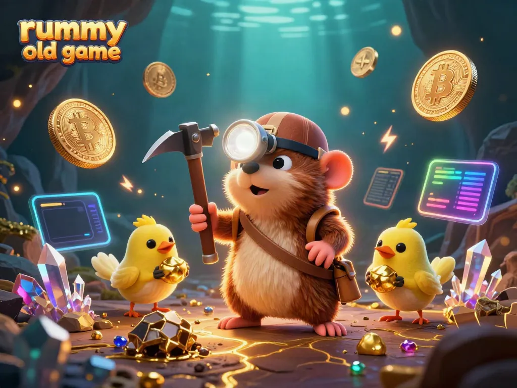 Permainan rummy old game dengan karakter mole penambang bergaya kartun dan elemen blockchain di latar belakang berwarna cerah.