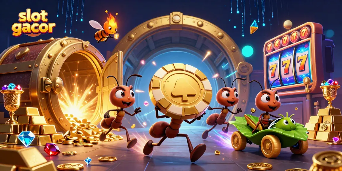 Experience the thrill of slot gacor as ants capture golden poker chips in a vibrant casino-themed heist.
