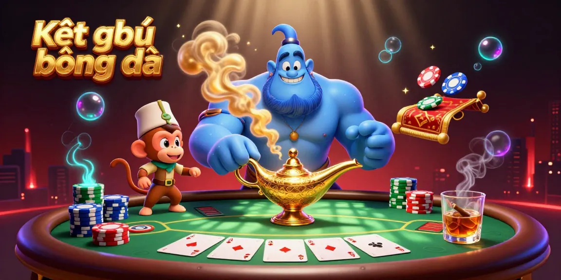 Kết quả bóng đá showcases a vibrant scene with a genie and poker elements in an engaging casino setting.